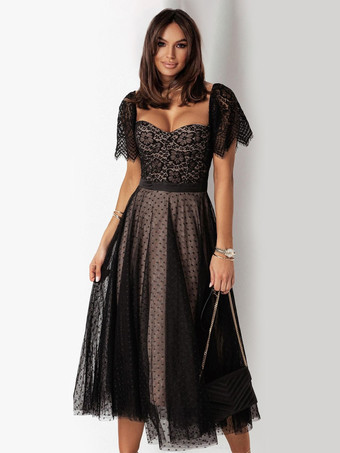 ブラック レースドレス 恋人ネック 半袖 デイミディドレス