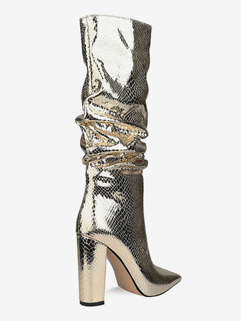 レディース スラウチ スネークスキン チャンキーヒール ブライト レザー ニーハイ ブーツ ブロンド