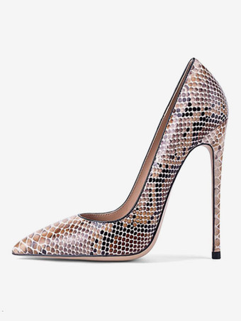ハイヒール ポインテッドトゥ パンプス パイソン柄 ピンヒール PU 12cm ヘビ柄 シューズ プラスサイズシューズ スリップオン 結婚式 二次会 通勤用 仕事 キャバ 卒園式 卒園式 レディース靴