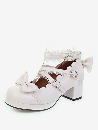 ホワイト スウィートロリータフットウェアピンクボウフリルラウンドトゥPUレザーロリータシューズ