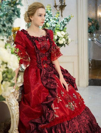 プリンセス 女性用 貴族ドレス 中世 ドレス レッド 半袖 ポリエステル 祝日 ドレス バロック風 中世 ドレス・貴族ドレス ヨーロッパ 宮廷風 レトロ バーガンディ
