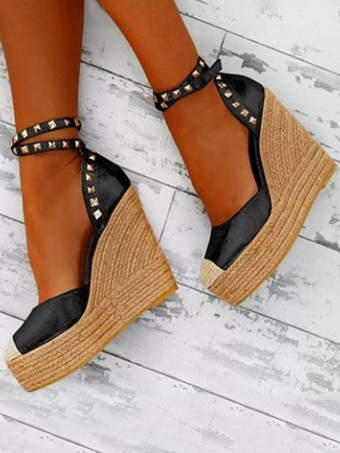 Black Wedge Sandals Round Toe Platform Rivets Ankle Strap Espadrilles For Women