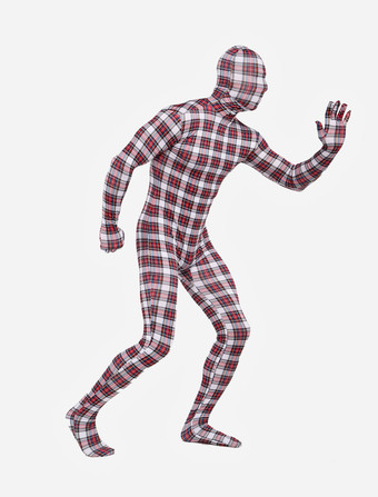 パターニング全身タイツ 全身タイツ，レッド　ユニセックス　大人用　格子縞　開口部のない全身タイツ　変装コスチューム　カラーブロック　 ハロウィン