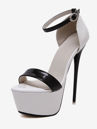 ホワイト レッドプラットフォームサンダルシューズ　2025　オープントゥ　スカイハイ　アンクルストラップ　ハイヒールサンダル