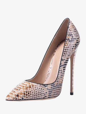 ハイヒール ポインテッドトゥ パンプス パイソン柄 ピンヒール PU 12cm ヘビ柄 シューズ プラスサイズシューズ スリップオン 結婚式 二次会 通勤用 仕事 キャバ 卒園式 卒園式 レディース靴