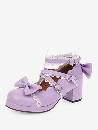 パープル スウィートロリータフットウェアピンクボウフリルラウンドトゥPUレザーロリータシューズ