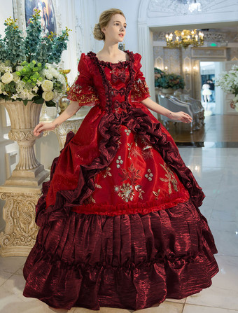 プリンセス 女性用 貴族ドレス 中世 ドレス レッド 半袖 ポリエステル 祝日 ドレス バロック風 中世 ドレス・貴族ドレス ヨーロッパ 宮廷風 レトロ バーガンディ