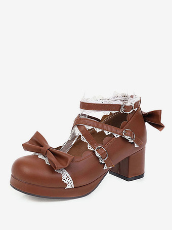 ディープブラウンスウィートロリータフットウェアピンクボウフリルラウンドトゥPUレザーロリータシューズ