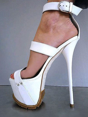 ホワイト セクシーサンダル　オープントゥ　スティレットヒール　靴の甲の素材：パテント　PU　セクシー　レイブ・クラブ　