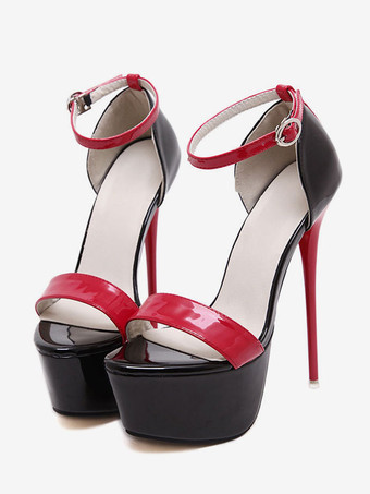 レッドプラットフォームサンダルシューズ　2025　オープントゥ　スカイハイ　アンクルストラップ　ハイヒールサンダル