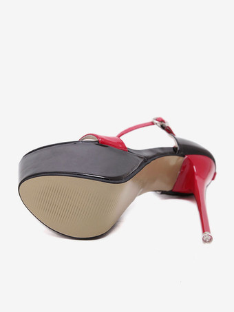 レッドプラットフォームサンダルシューズ　2025　オープントゥ　スカイハイ　アンクルストラップ　ハイヒールサンダル