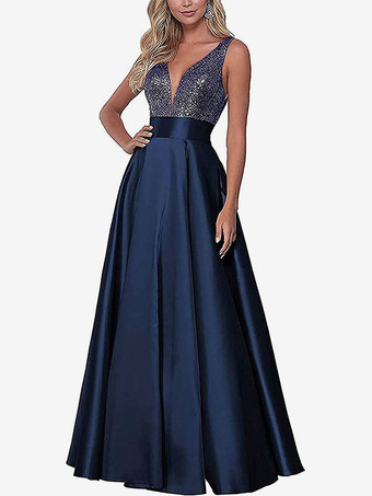 ダークネイビーイブニングドレス Vネック マキシレングス 社交ページェントドレス