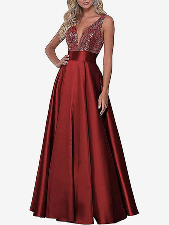 バーガンディーイブニングドレス Vネック マキシレングス 社交ページェントドレス