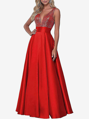 レッドイブニングドレス Vネック マキシレングス 社交ページェントドレス