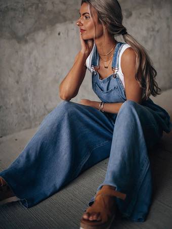 ディープ ブルー ノースリーブ ボタン コンバーチブル デニム ワイド サマー プレイスーツ