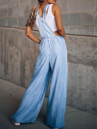 ディープ ブルー ノースリーブ ボタン コンバーチブル デニム ワイド サマー プレイスーツ