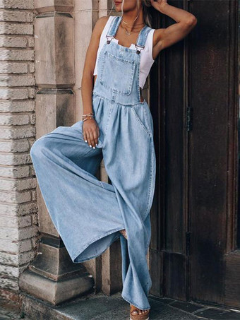 ブルー ディープ ブルー ノースリーブ ボタン コンバーチブル デニム ワイド サマー プレイスーツ