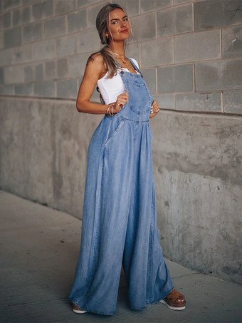 ディープ ブルー ノースリーブ ボタン コンバーチブル デニム ワイド サマー プレイスーツ