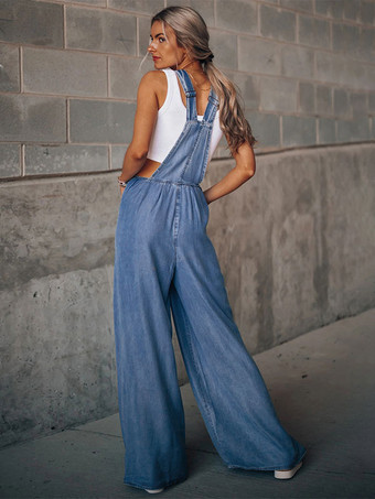 ディープ ブルー ノースリーブ ボタン コンバーチブル デニム ワイド サマー プレイスーツ