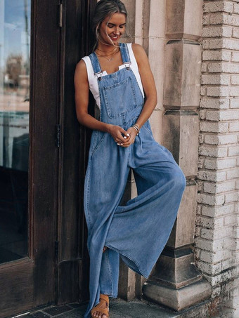 ディープ ブルー ノースリーブ ボタン コンバーチブル デニム ワイド サマー プレイスーツ