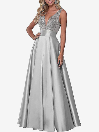 シルバーイブニングドレス Vネック マキシレングス 社交ページェントドレス