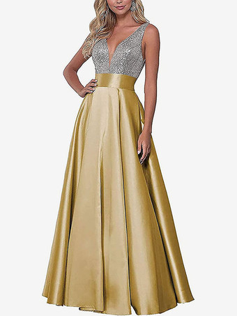 イエローイブニングドレス Vネック マキシレングス 社交ページェントドレス