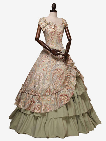 Women Retro Costumes Prom Dress Print Dress Bow Ruffle Short Sleeves Round Neckline Gown Victorian Era Clothing Costume