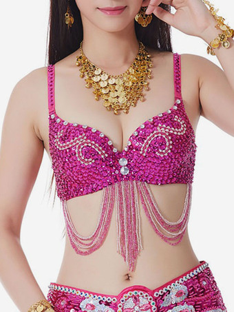 RosarotFaschingskostüm Bauchtanz BH Edelstein Perle Fransen Sexy Damen Performance Kostüm Karneval Kostüm