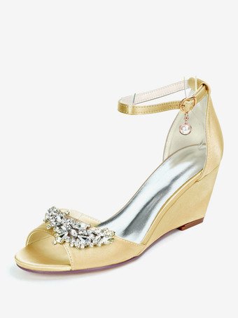 ゴールド ウェディングシューズアイボリーサテンパールオープントゥアンクルストラップウェッジヒールブライダルシューズ