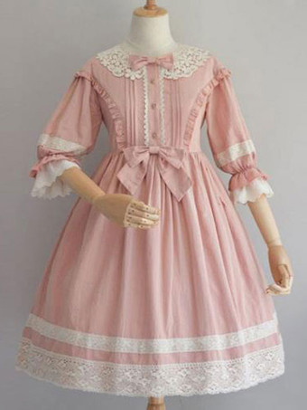 ピンクスウィートロリータOPドレスブラックフリルロリータワンピースドレス