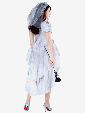 ハロウィン 女性のためのハロウィーンの幽霊の花嫁の衣装白いセクシーなベールドレスポリエステルレースの休日の衣装フルセット