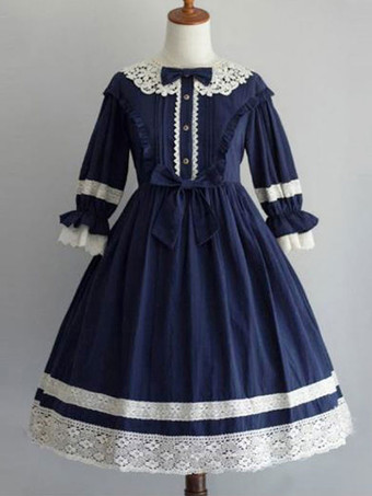 ディープブルースウィートロリータOPドレスブラックフリルロリータワンピースドレス