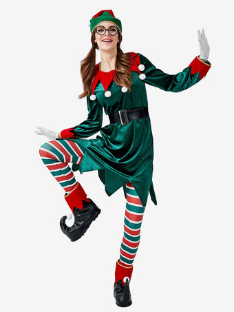 サンタコスプレ衣装 グリーン 大人用 ポリエステル トップス チョーカー グローブ 帽子 サッシュベルト パンツ コスチューム コスチューム ホリデーコスチューム