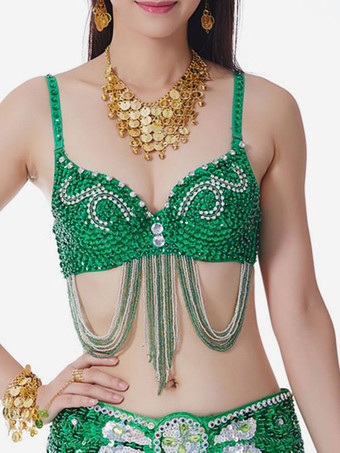 Grün Faschingskostüm Bauchtanz BH Edelstein Perle Fransen Sexy Damen Performance Kostüm Karneval Kostüm