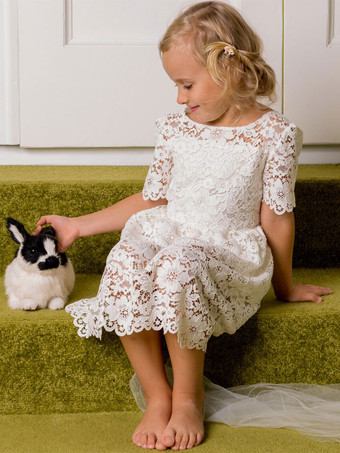 アイボリー子供ボールガウンパーティードレス結婚式かわいい半袖フラワーガールドレス