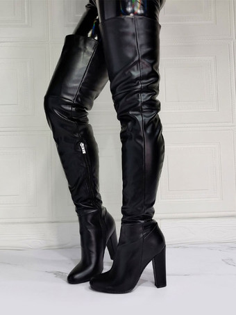 Women Thigh High Boots PU Leather Black Sky High Chunky Heel Over The Knee Boots