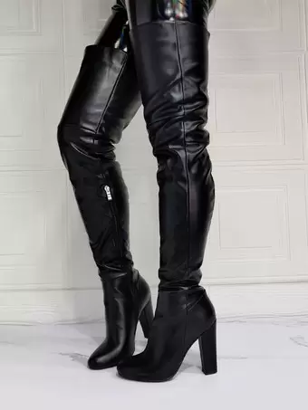 Bottes Cuissardes En Cuir Femme - Bottes Au-dessus Du Genou Noires - Plateforme Talon Carré - Style Rock élégant