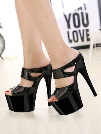 ハイヒールセクシーサンダルディープグレーPUレザーオープントゥコーンヒールスカイハイヒールミュール ポールダンスシューズ