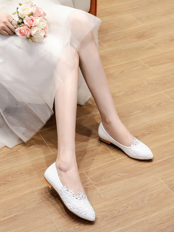 ウェディングシューズホワイトPUレザーフラワーポインテッドトゥフラットブライダルシューズ