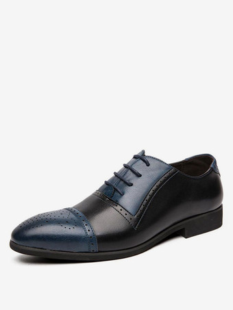 Blau Herren Hochzeitskleid Oxford Formelle Schuhe Runder Zehenriemen Verstellbarer Farbblock Weiß Leder Hochzeitskleid Schuhe