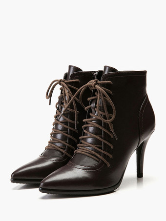 ブラックアンクルブーツ女性ポインテッドトゥレースアップハイヒールブーティー