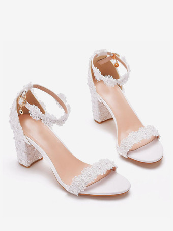 ホワイトウェディングシューズPUレザーオープントゥパールチャンキーヒールアンクルストラップヒール