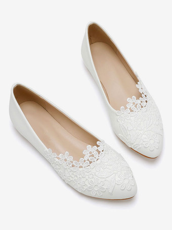 ウェディングシューズホワイトPUレザーフラワーポインテッドトゥフラットブライダルシューズ