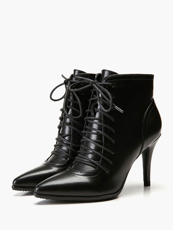 ブラックアンクルブーツ女性ポインテッドトゥレースアップハイヒールブーティー