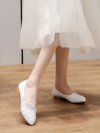 ウェディングシューズホワイトPUレザーフラワーポインテッドトゥフラットブライダルシューズ