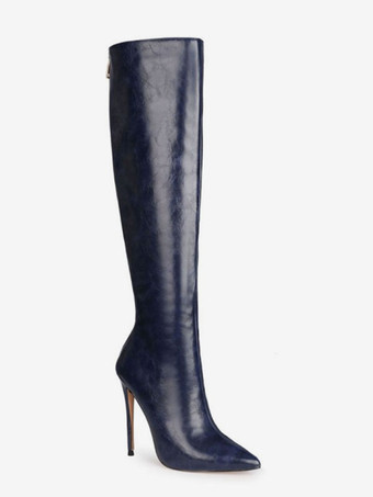 レディース ニーハイブーツ ネイビーブルー ポインテッドトゥ PUレザー スティレットヒールブーツ