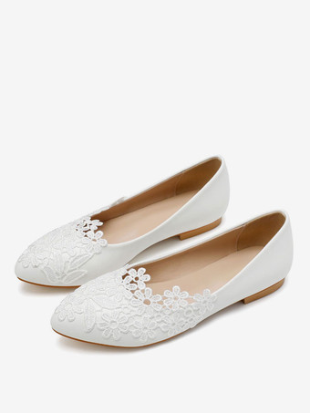 ウェディングシューズホワイトPUレザーフラワーポインテッドトゥフラットブライダルシューズ