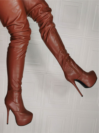 膝上女性プラスサイズスチレットヒールブーツPUレザーローズサイハイブーツ