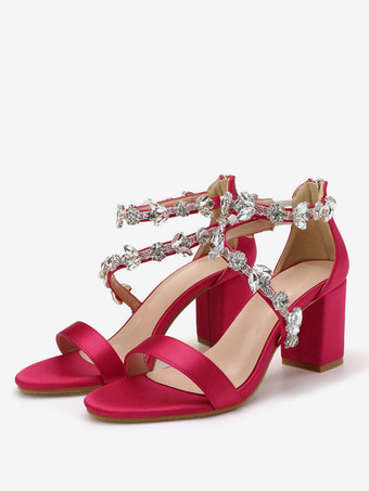 ワインレッド ヒールサンダルホワイトチャンキーヒールオープントゥラインストーンチェーンサテンアンクルストラップヒール