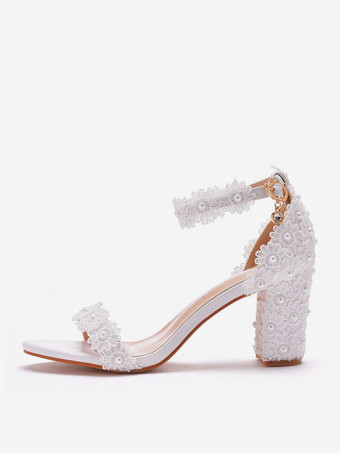 ホワイトウェディングシューズPUレザーオープントゥパールチャンキーヒールアンクルストラップヒール